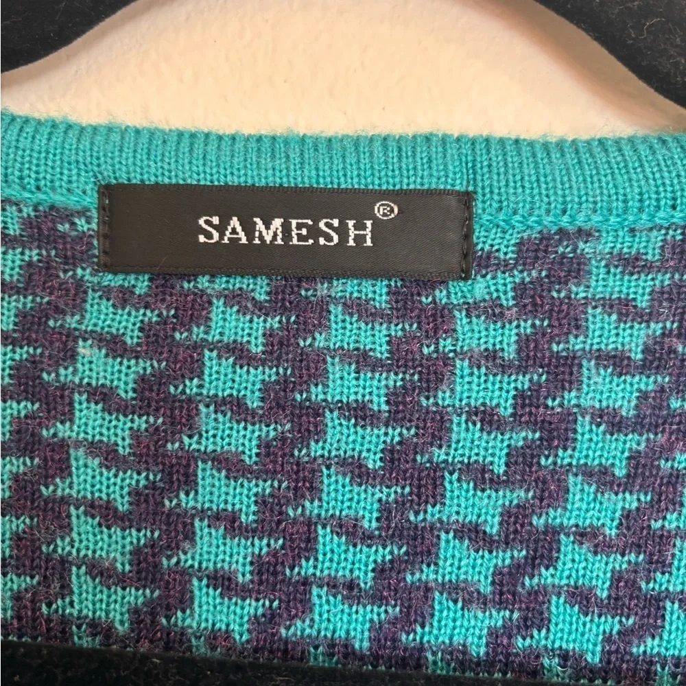 Vintage Teal Blue Henley Textured Geometric Knit Long Sleeve Tunic Sweater